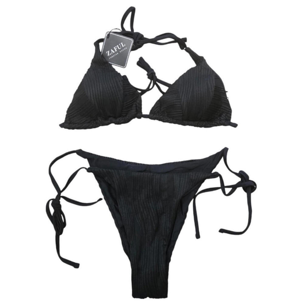 ZAFUL Halter Textured Tie Side Tanga Bikini Swimwear Black Size 8-10 NWT